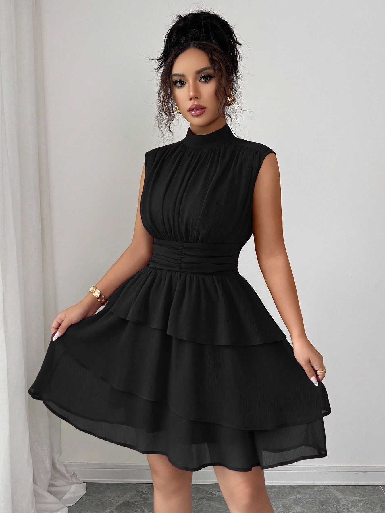 Women's Mock Neck Sleeveless Tiered Mini Dress Solid Color Fitted
