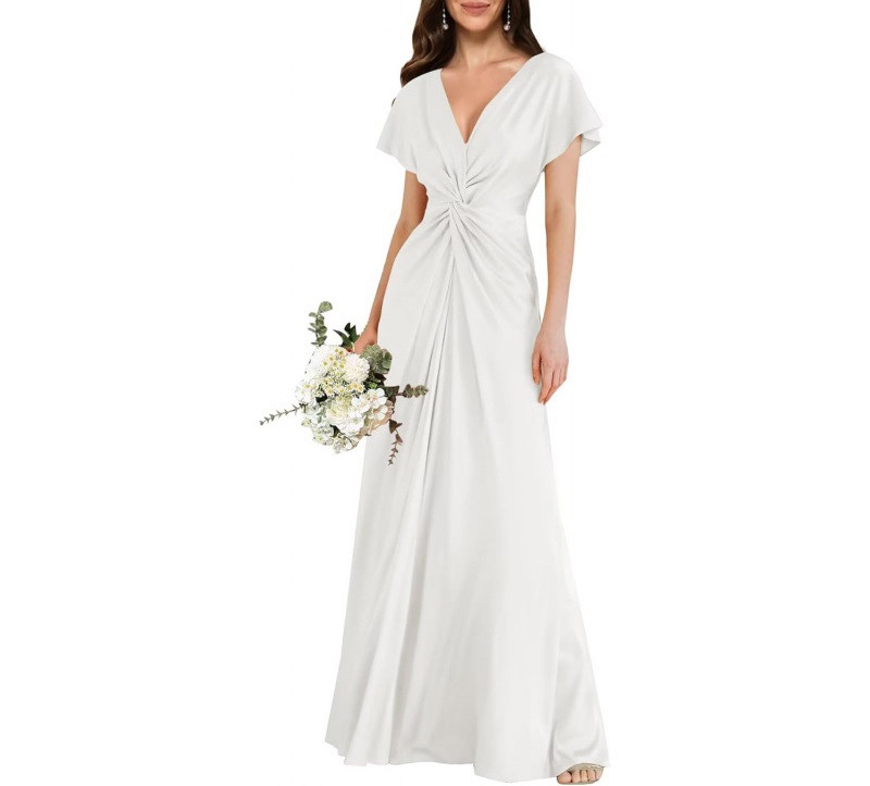 Satin Short Sleeve A-Line Dress V-Neck Midi Formal Party Bridesmaid