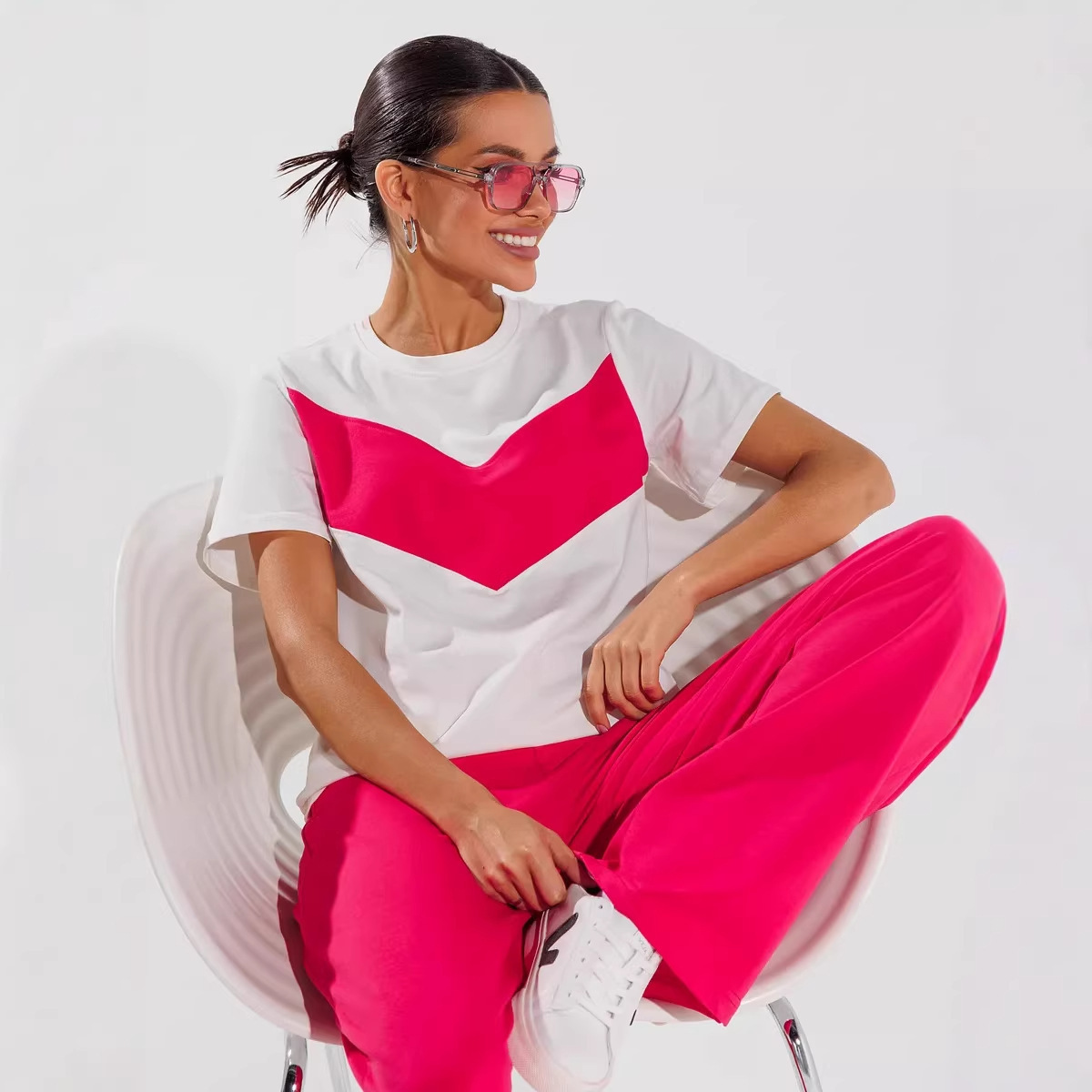 Women's Solid Color Short Sleeve T-Shirt and Wide-Leg Pants Two-Piece Set