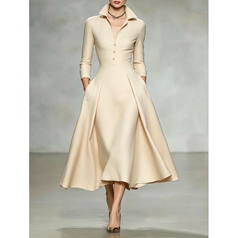 V-Neck Waist-Cinching Long-Sleeve Midi Dress
