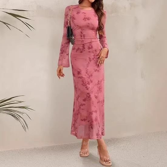 Women's Printed Mesh Bodycon Midi Dress Slim Fit High Waist Long Sleeve