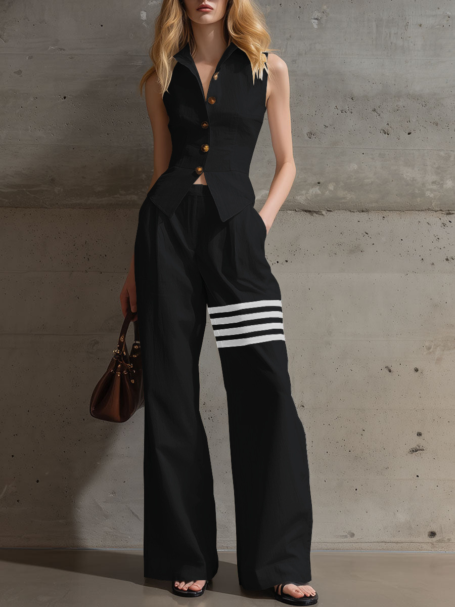 Sleeveless Button-Front Cinched Shirt & Wide-Leg Pants Set