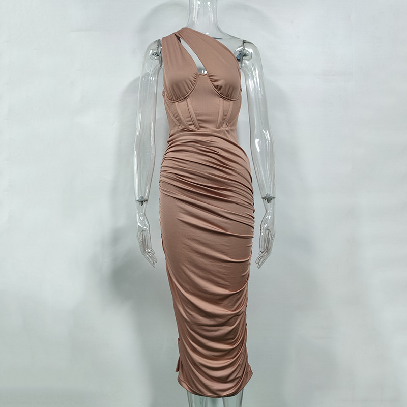 Women's One-Shoulder Cutout Ruched Bodycon Midi Dress