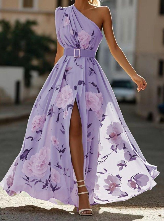 One-Shoulder Floral Print Sleeveless Maxi Dress with Belt