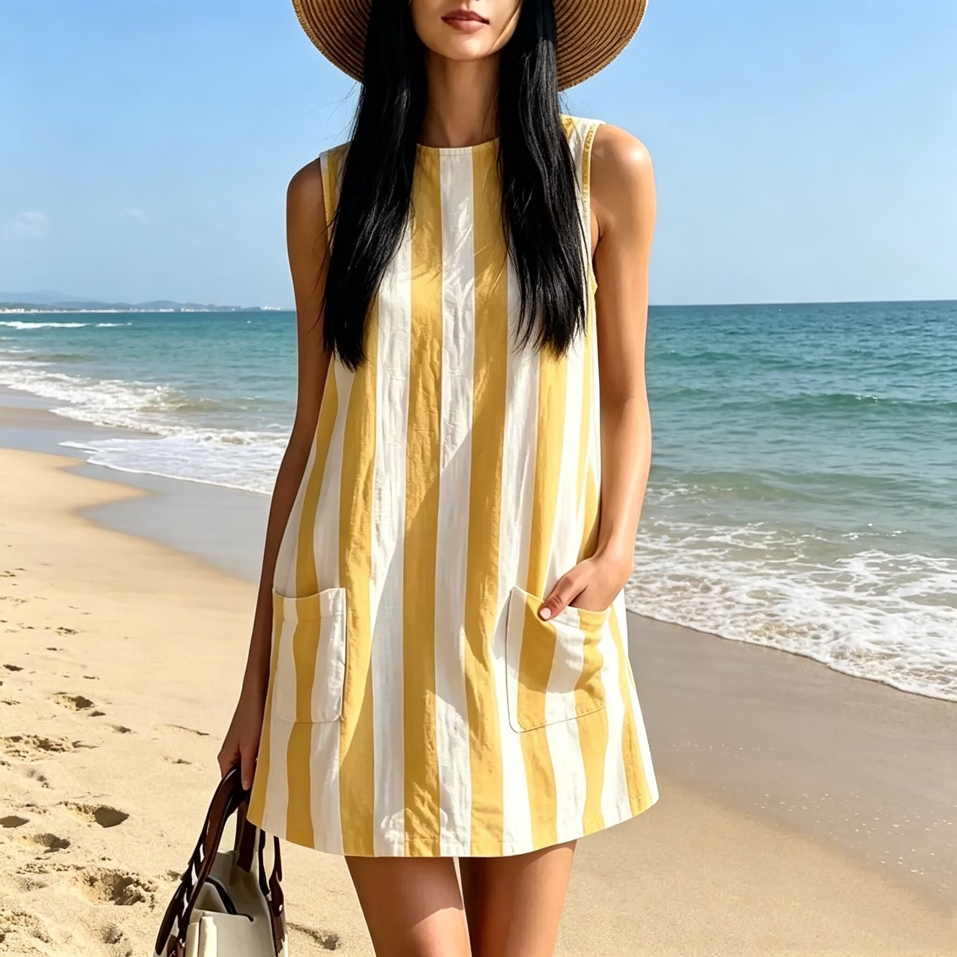 Striped Sleeveless A-Line Dress with Pockets