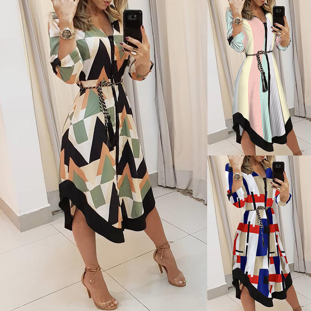 Plaid Print V-Neck Midi Dress with Tie Belt and Three-Quarter Sleeves