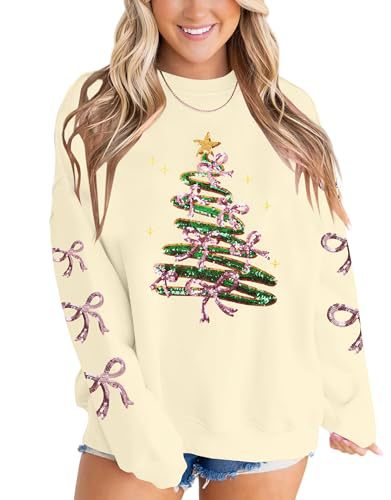 Women's Ribbon Bow Christmas Tree Print Crewneck Sweatshirt