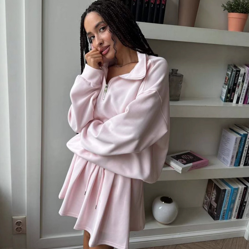 Women's Zip-Up Cardigan and Drawstring Mini Skirt Two-Piece Set
