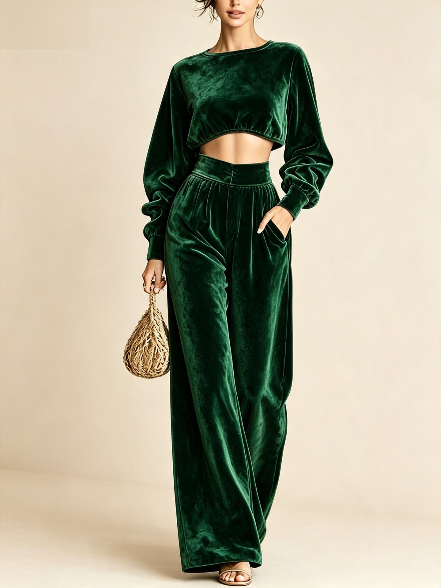 Elegant Christmas Two-Piece Set with Cropped Top and Wide-Leg Pants