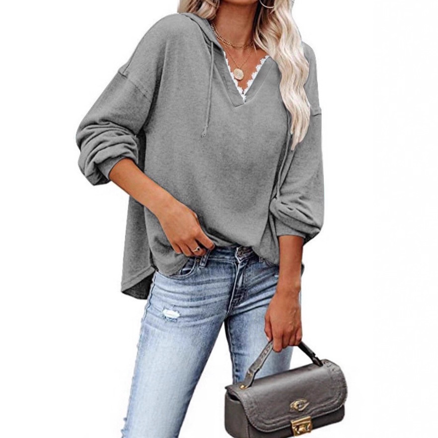 Women's Casual Hooded Lace V-Neck Long Sleeve Sweatshirt