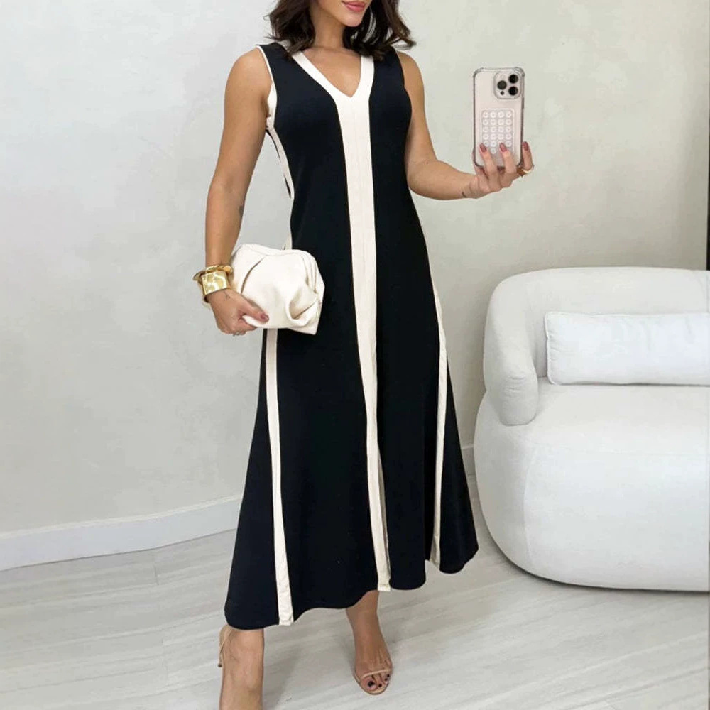 Blue and White Colorblock Sleeveless V-Neck Midi Dress with Slit