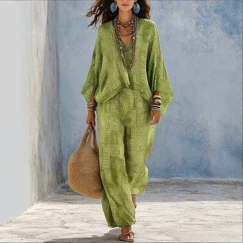 Women's Geometric Print V-Neck Loose Top & High-Waist Wide-Leg Pants Set
