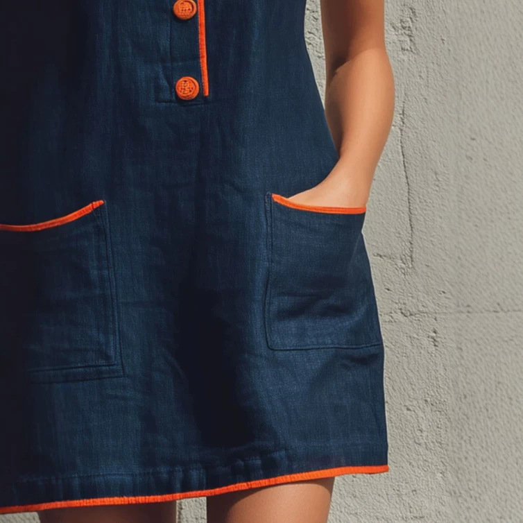 Denim Blue Sleeveless A-Line Mini Dress with Pockets
