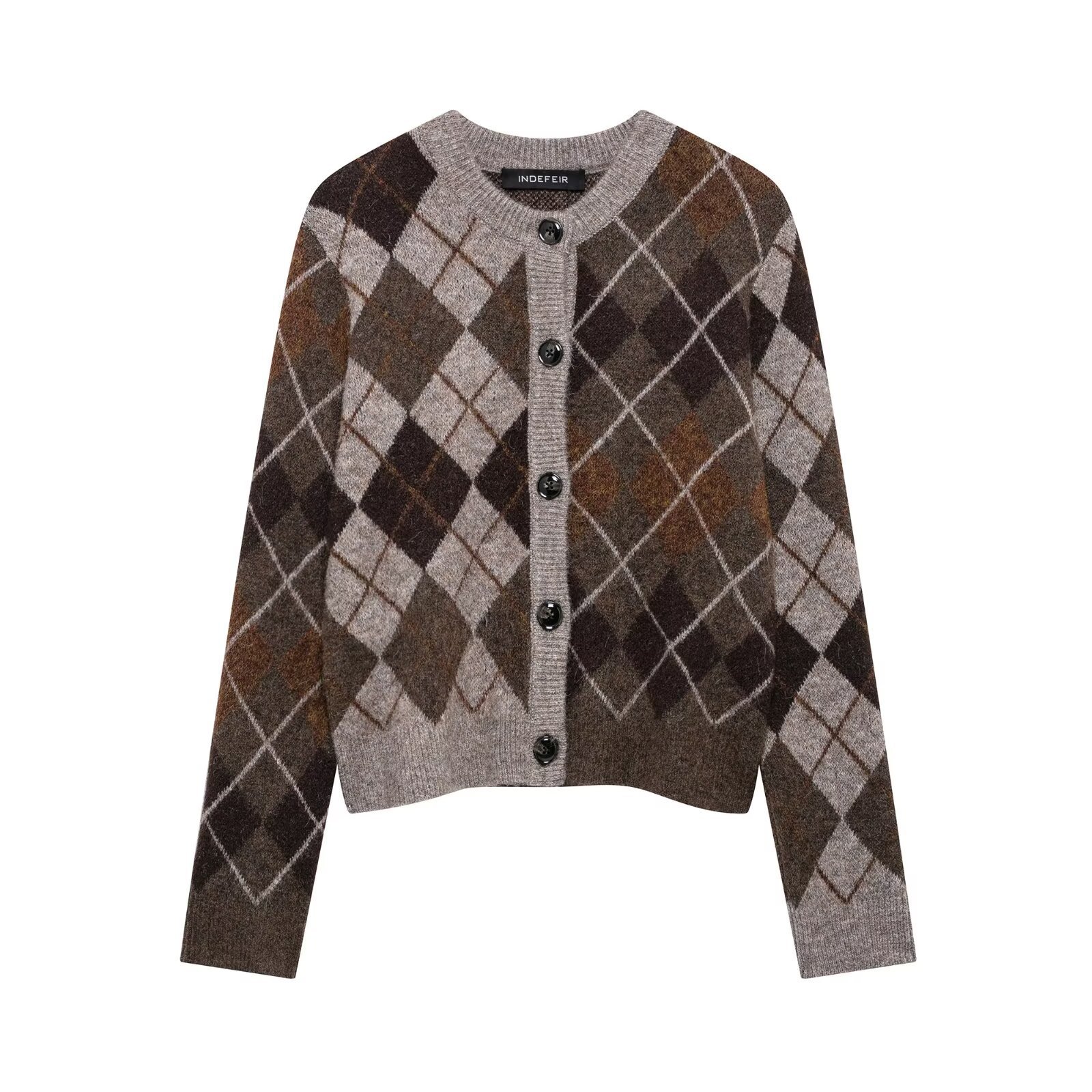 Women's Argyle Knit Cardigan Sweater Long Sleeve Crew Neck