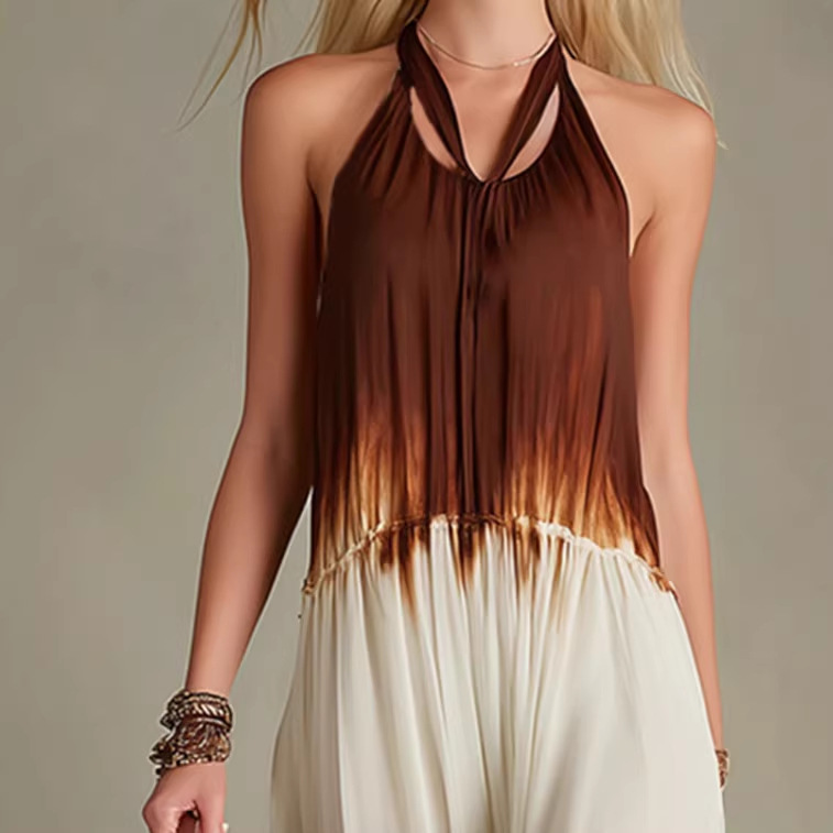 Retro Color-Block Ombre Silk Sleeveless Long Dress