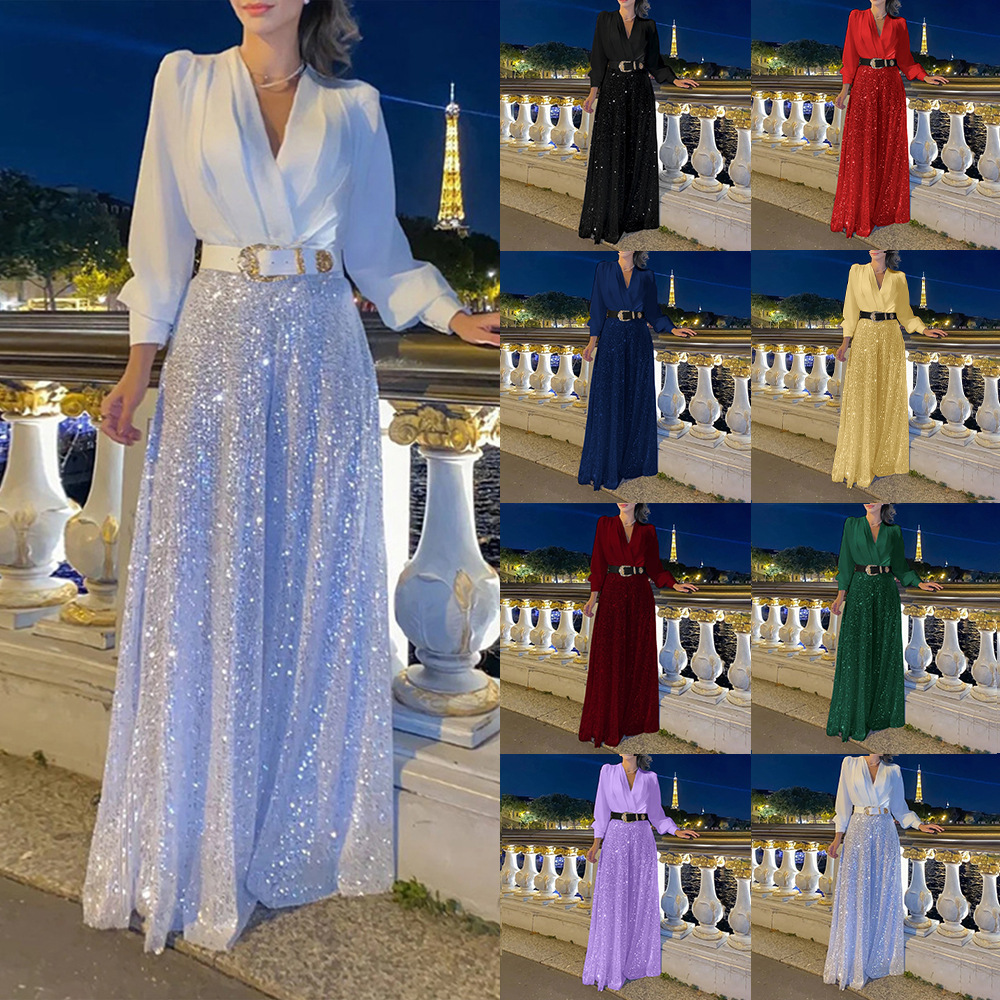 V-Neck Long Sleeve Sequin Shirt Dress with Belt