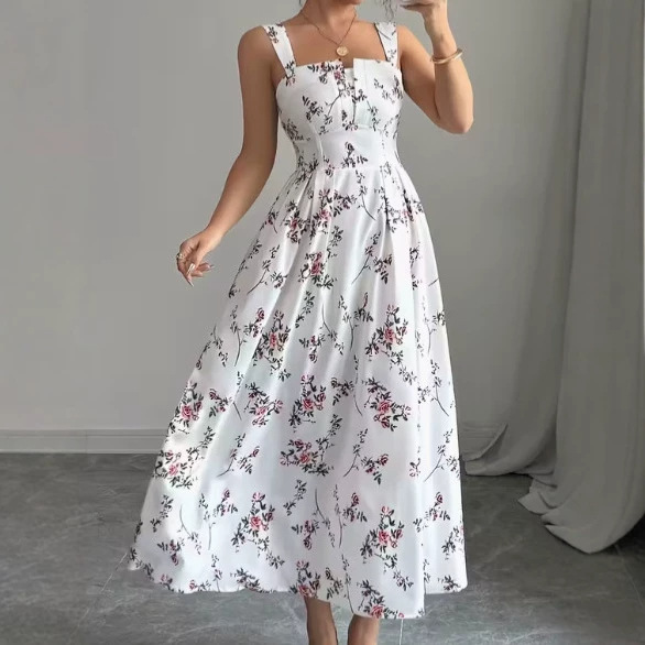 Floral Square-Neck Sleeveless A-Line Midi Dress