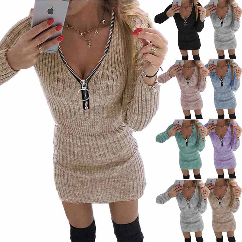 Slim Fit Bodycon Dress with Half Zip V Neck Long Sleeve