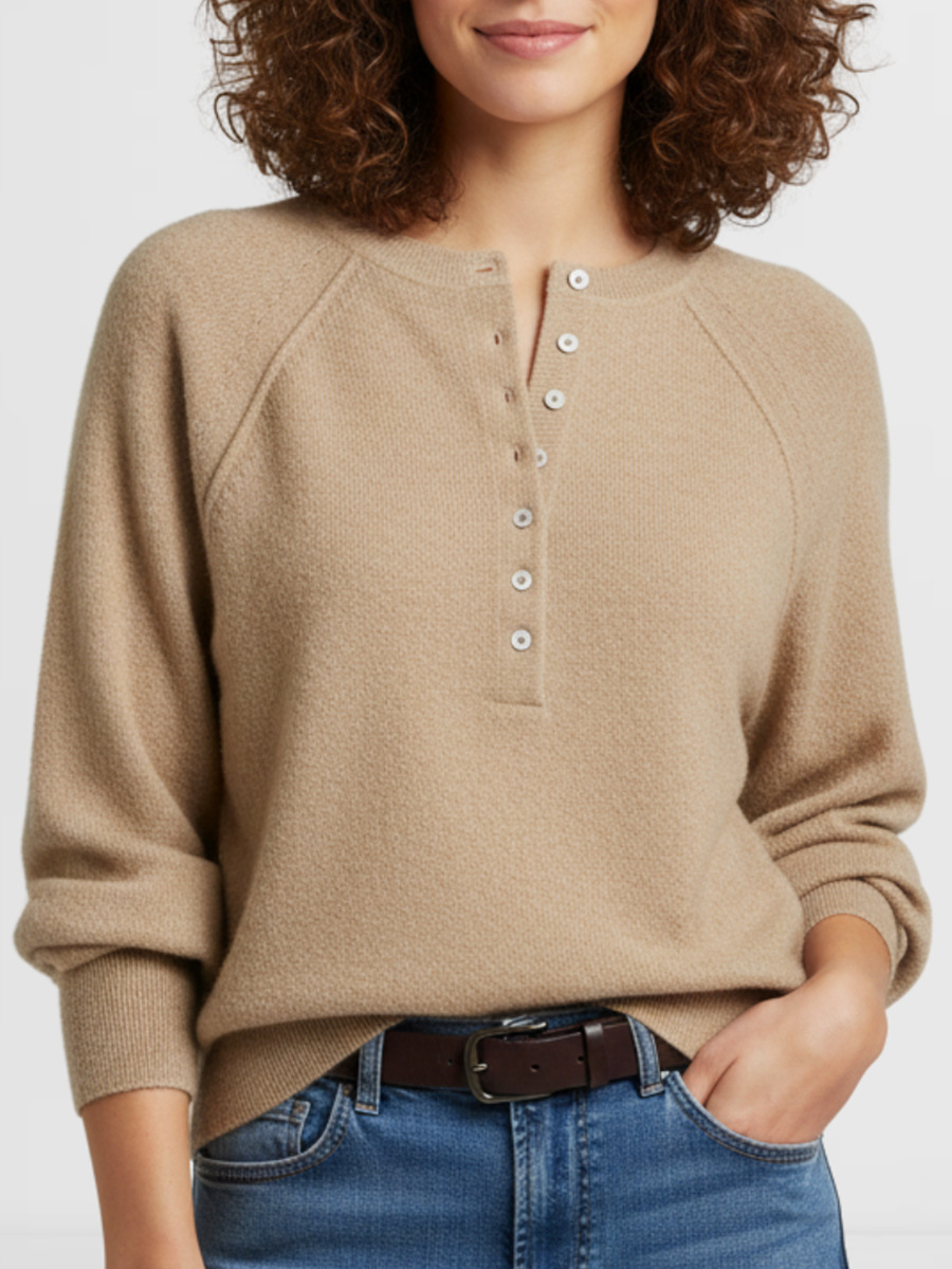 Women's Casual Crewneck Button-Front Knit Henley Sweater
