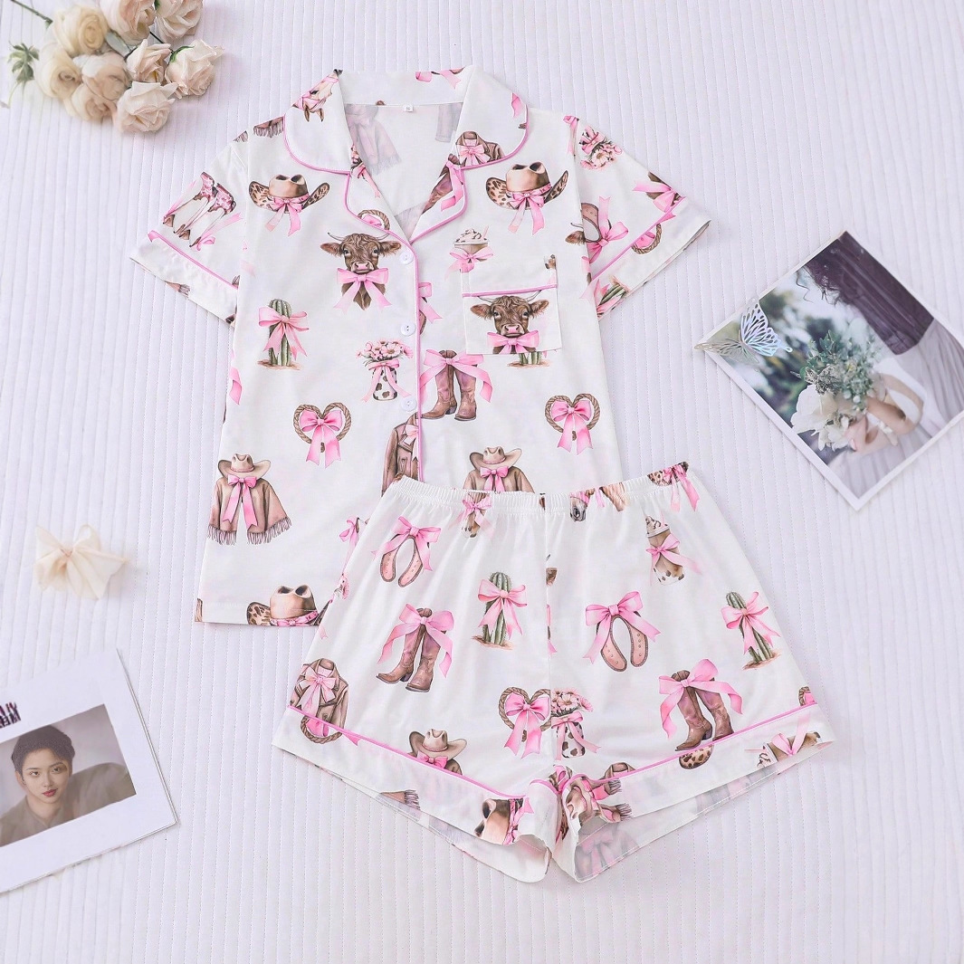 Women's Summer Hawaiian Print Short Sleeve Shirt Set
