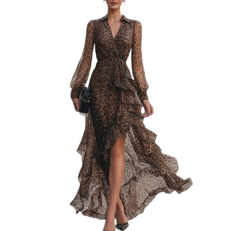 Leopard Print V-Neck Long Sleeve Ruched Waist Ruffle Dress