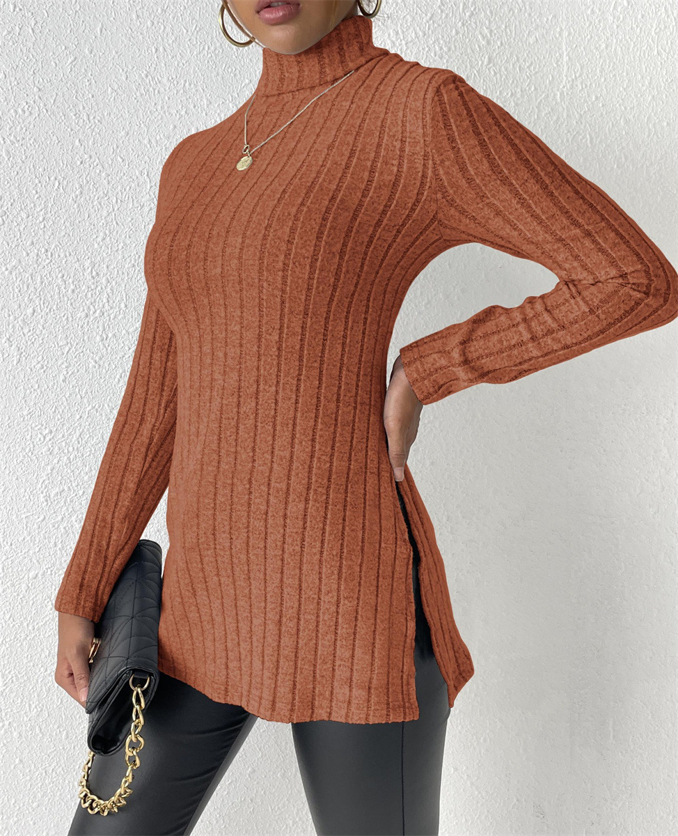 High Neck Slim Fit Split Hem Long Sleeve Midi Sweater