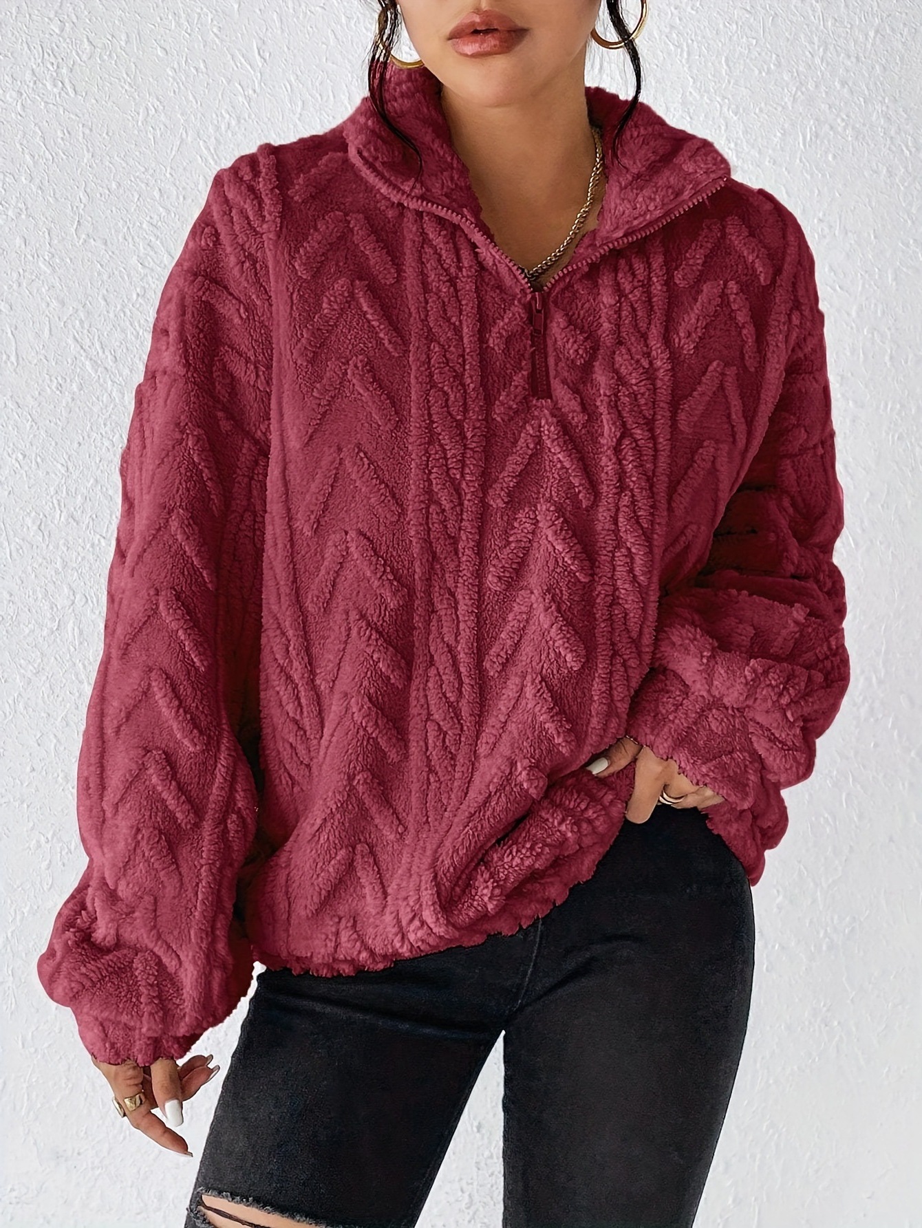 Women's Double-Sided Fleece Pullover with Zip and Jacquard Pattern