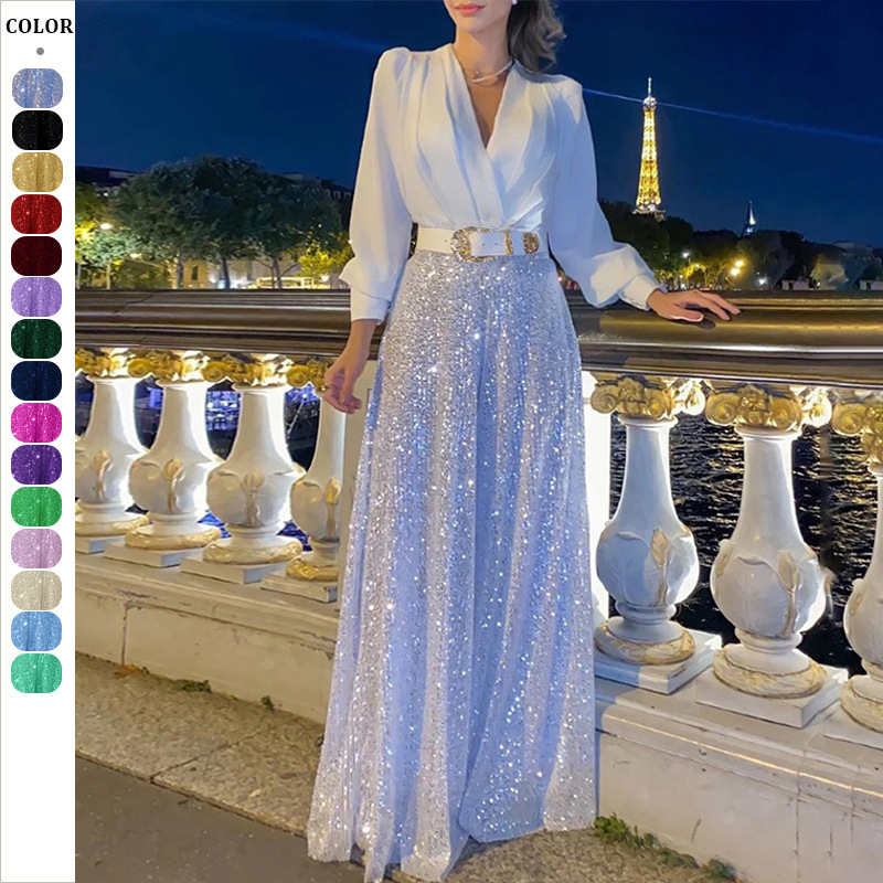 V-Neck Long Sleeve Sequin Shirt Dress with Belt
