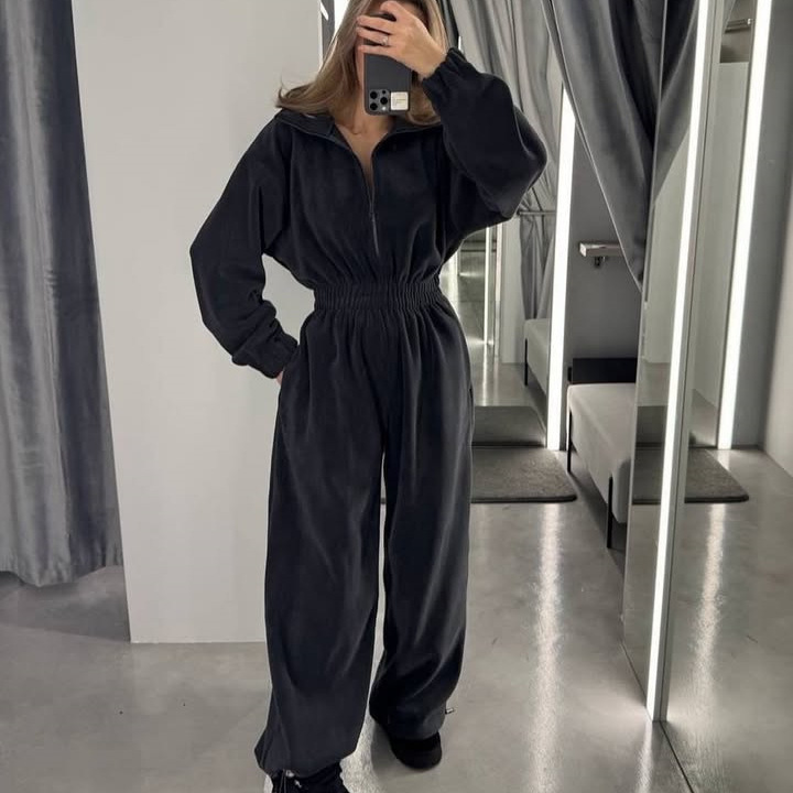 Women's Fleece Zip-Up Jumpsuit with Stand Collar and Wide Legs