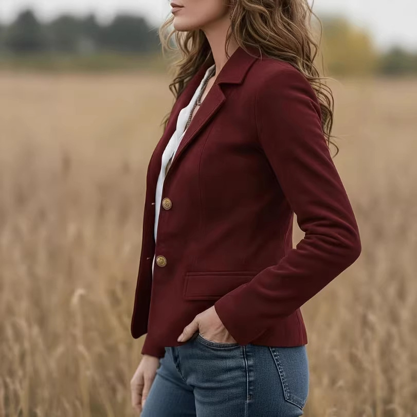 Women's Vintage Ranch Style Solid Short Jacket with Lapel Collar and Metal Buttons Slim Fit