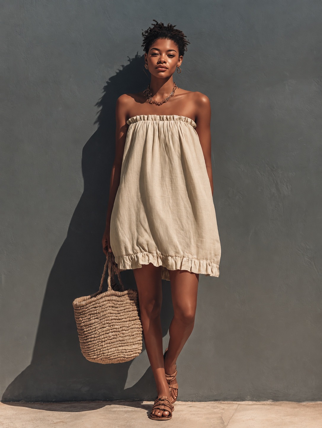 Women's Strapless Ruffle Hem Cotton Linen Midi Dress