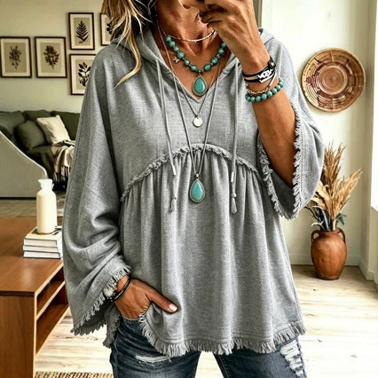 Annuo Self-Developed 2026 Europe & America Cross-Border Autumn/Winter New Women's Clothing Fall Loose Drawstring 3/4 Sleeve Casual Top for Women