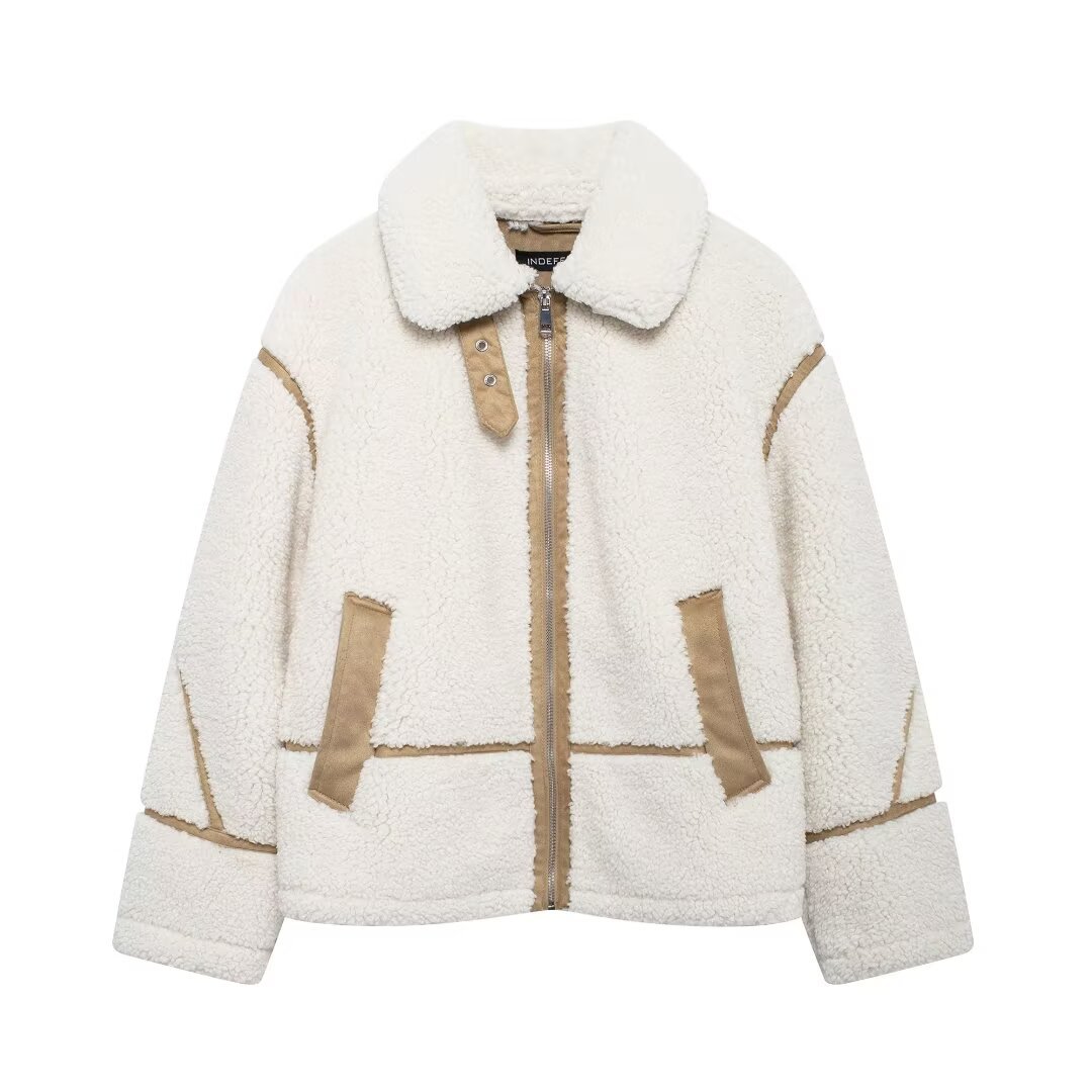 Women's Faux Fur Shearling Jacket Crew Neck Button Front
