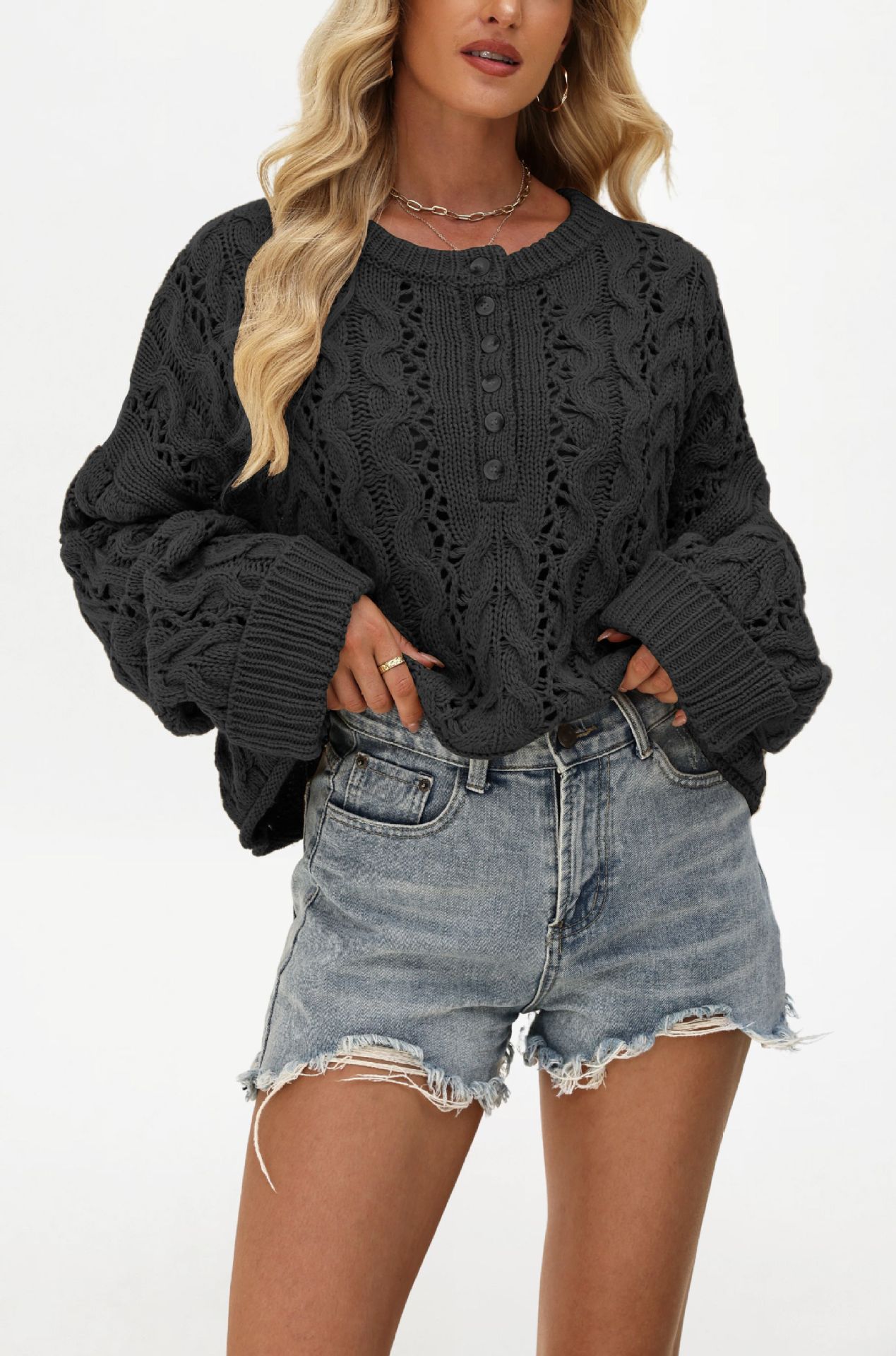 Button-Front Cable-Knit Sweater Loose Fit Solid Crew Neck Short Cardigan
