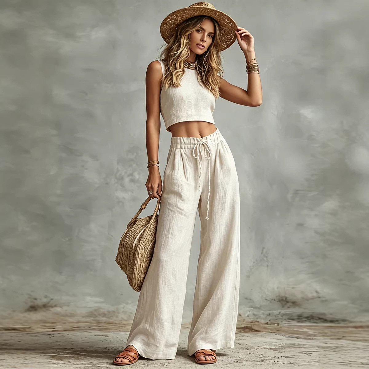 Sleeveless Tank Top & Drawstring High-Waist Wide-Leg Pants Two-Piece Set