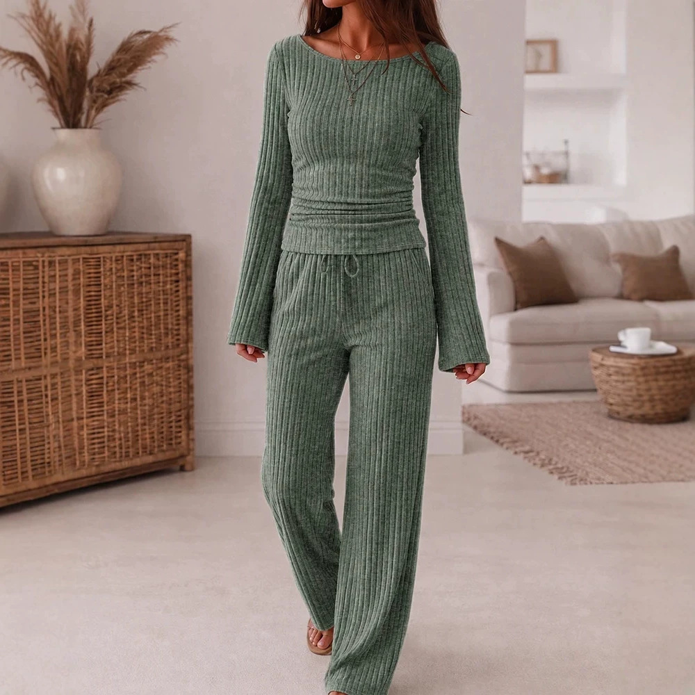 Women's Ribbed Knit Lounge Set Off-Shoulder Flared Sleeve Ruched Top & Wide-Leg Pants