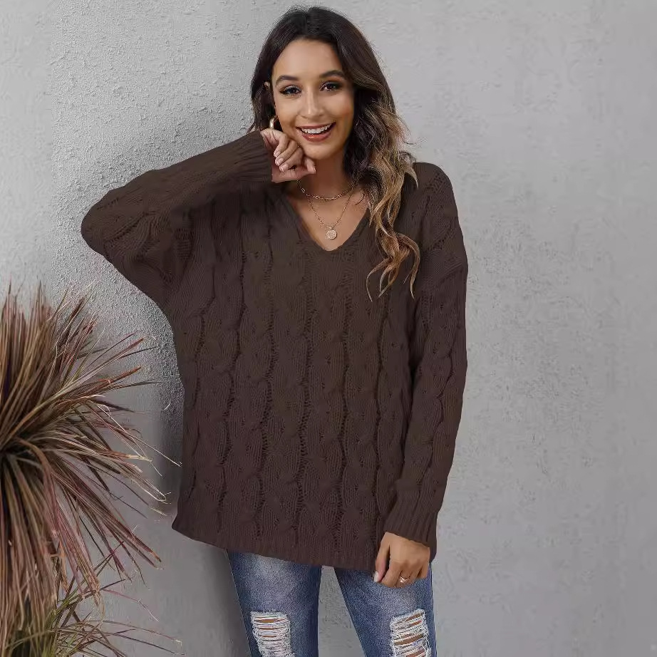 Women's Chunky Cable Knit V-Neck Hooded Pullover Sweater