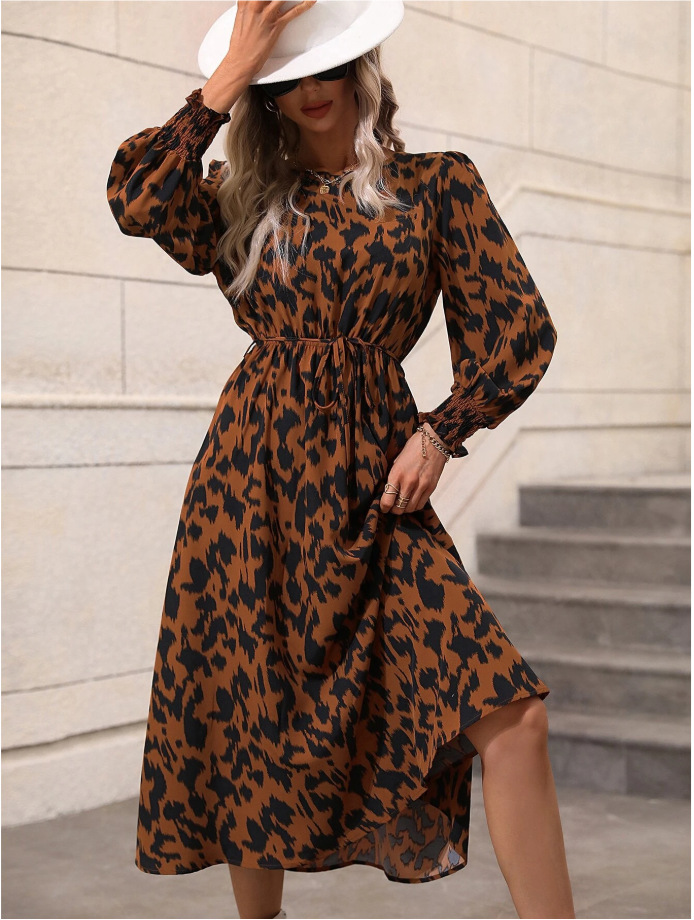 Leopard Print Tie-Waist Long Sleeve Maxi Dress