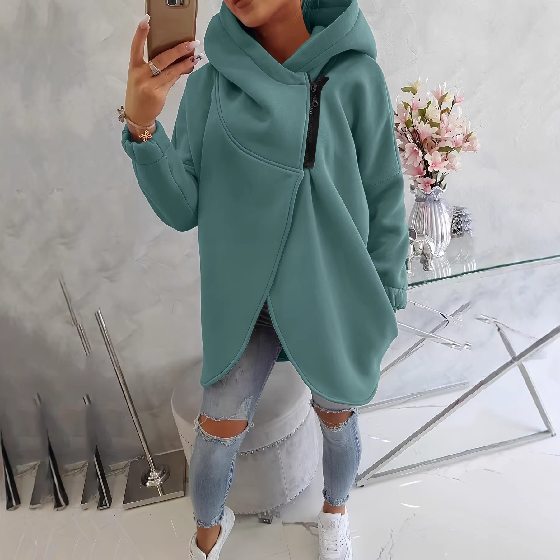Women's Long-Sleeve Black Hooded Zip-Up Jacket with Front Pockets