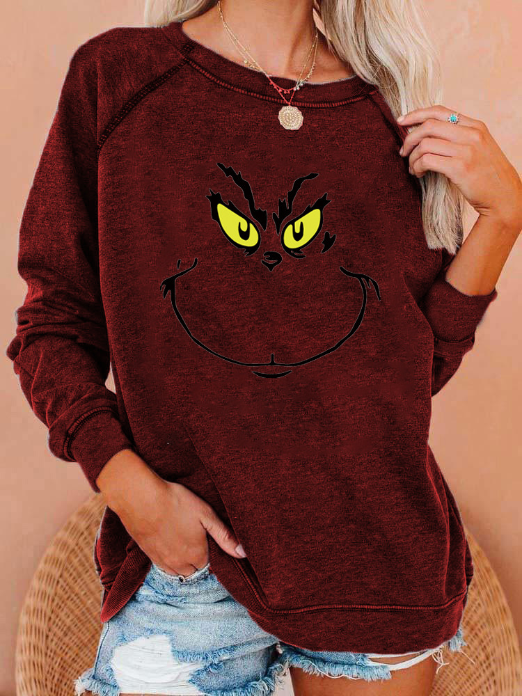 Women's Christmas Grinch Smiley Face Crewneck Sweatshirt