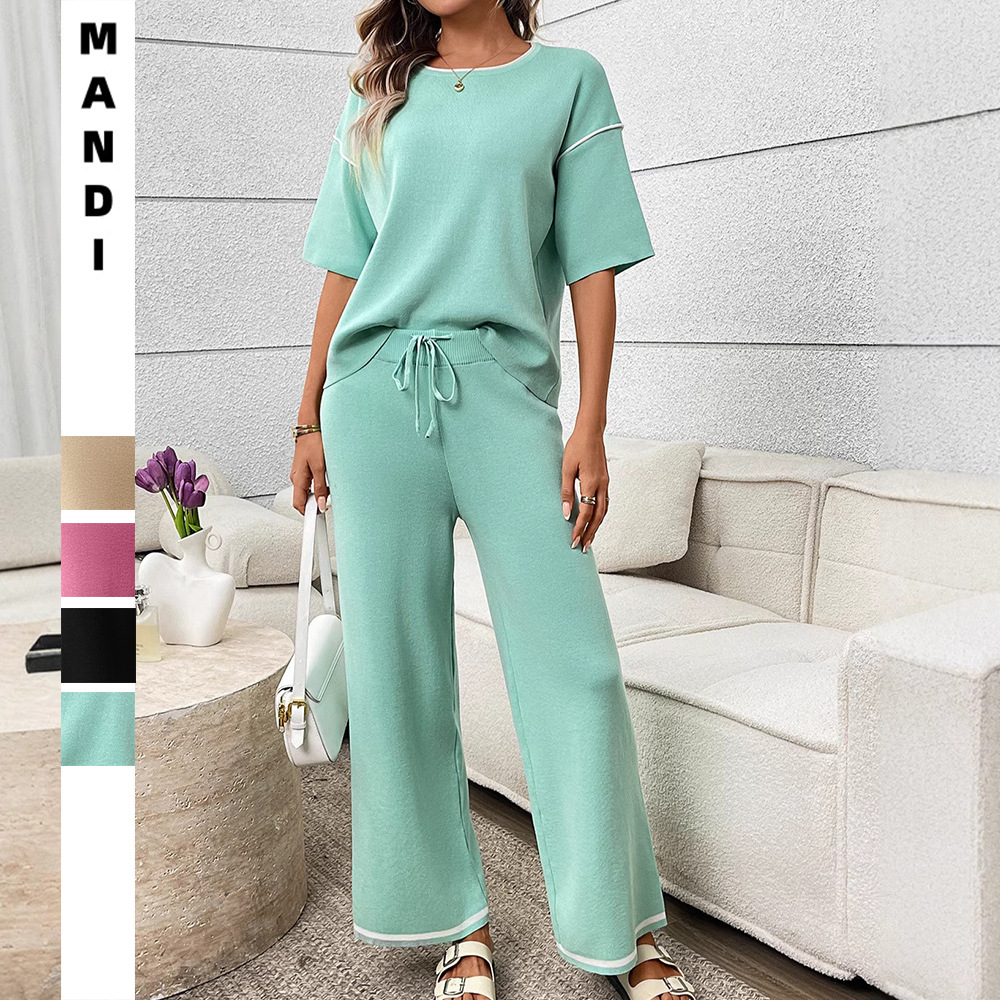 Women's Ice Silk Knit Short Sleeve Top and Pants Set Casual Solid Color