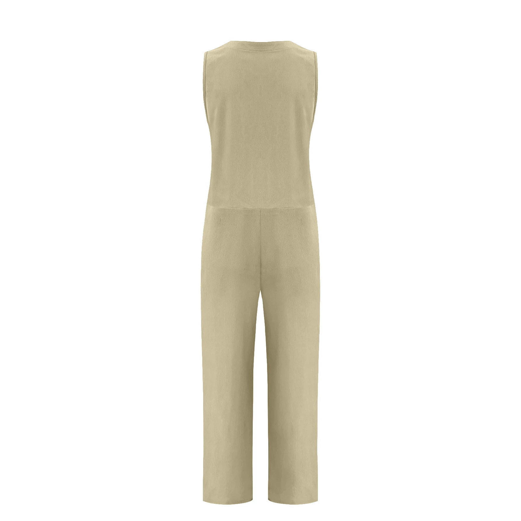 Women's Solid Wide-Leg Sleeveless V-Neck Button Jumpsuit