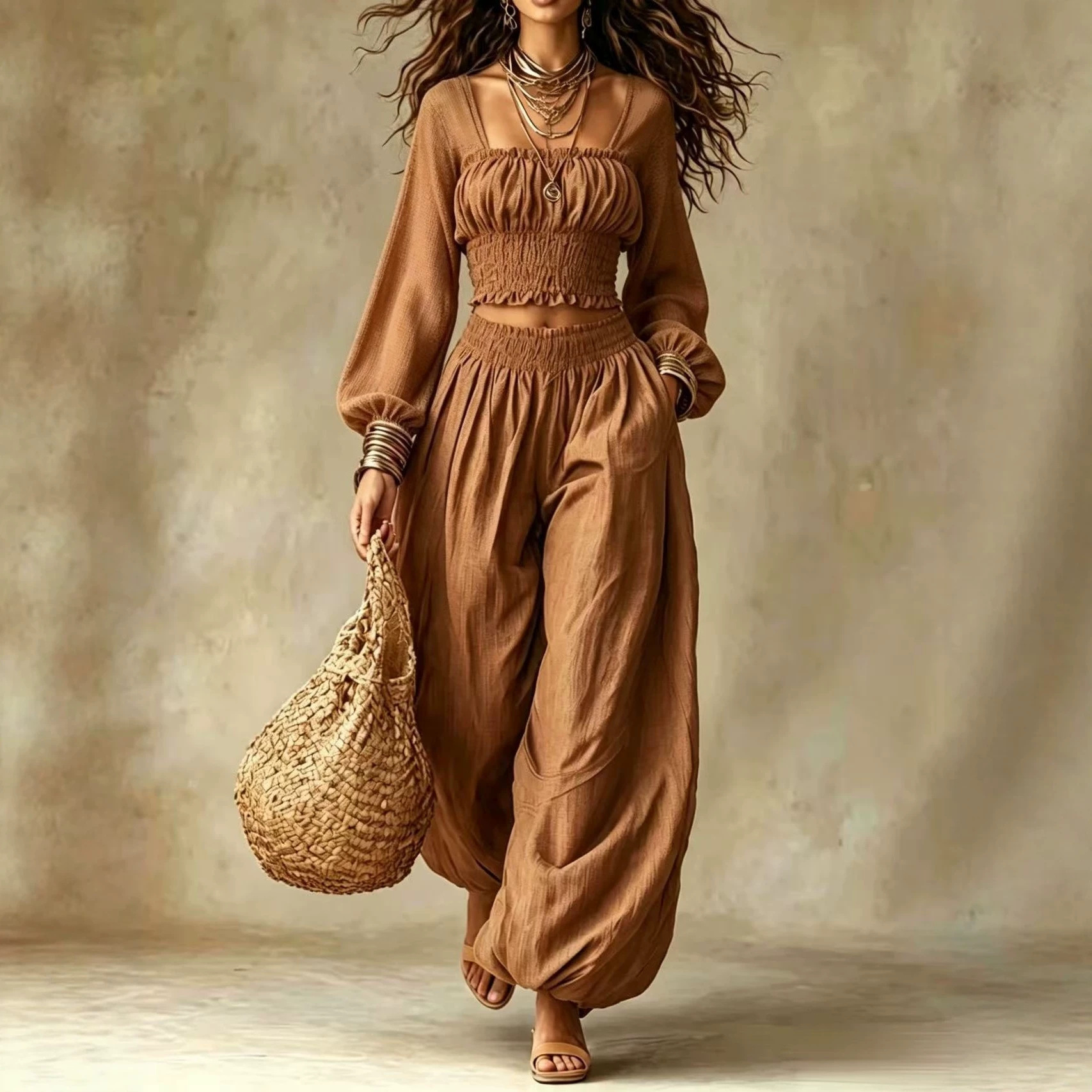 Boho Square Neck Long Sleeve Top & Wide Leg Pants Set
