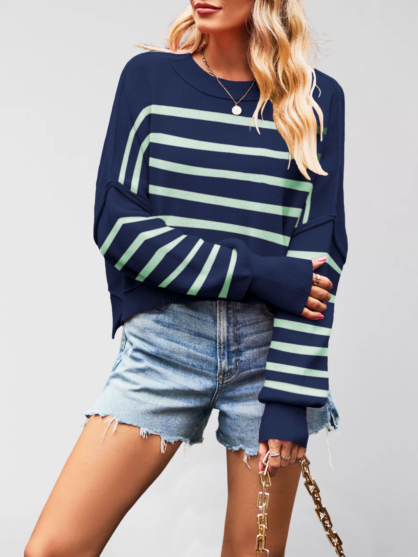 Women's Solid Crewneck Knit Sweater Loose Pullover Lantern Sleeve