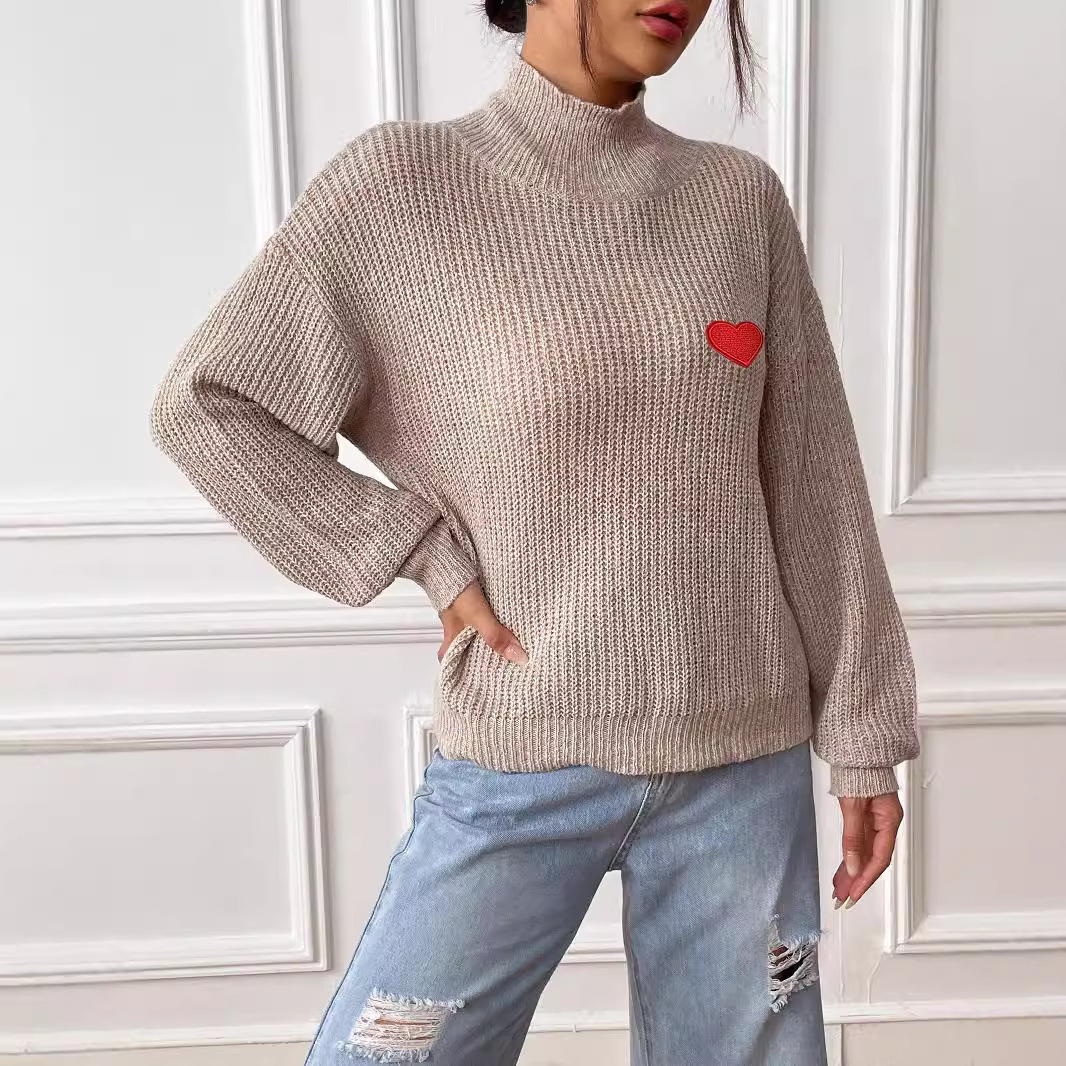 Heart Embroidered Mock Neck Pullover Sweater for Women