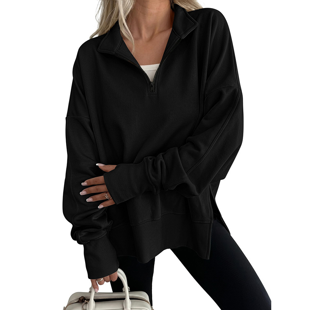 Women's Half-Zip Long-Sleeve Sweatshirt with Side Slit