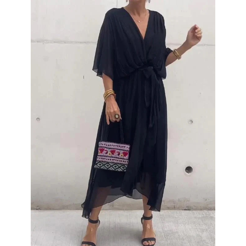 Women's Solid Color Tie-Waist Batwing Sleeve Irregular Long Dress Plus Size