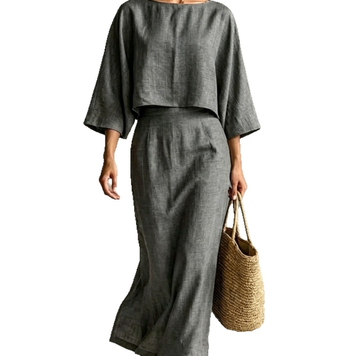 Women's High-Waist Midi Skirt Set with Round-Neck Seven-Sleeve Top