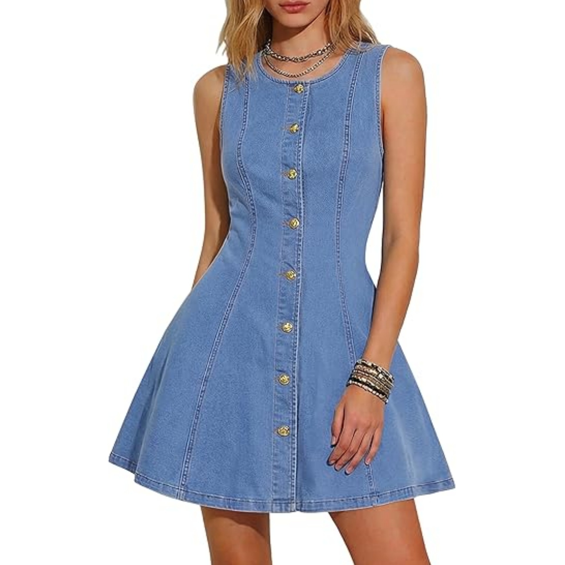 Women's Slim-Fit Washed Denim Sleeveless Button Dress with Side Pockets