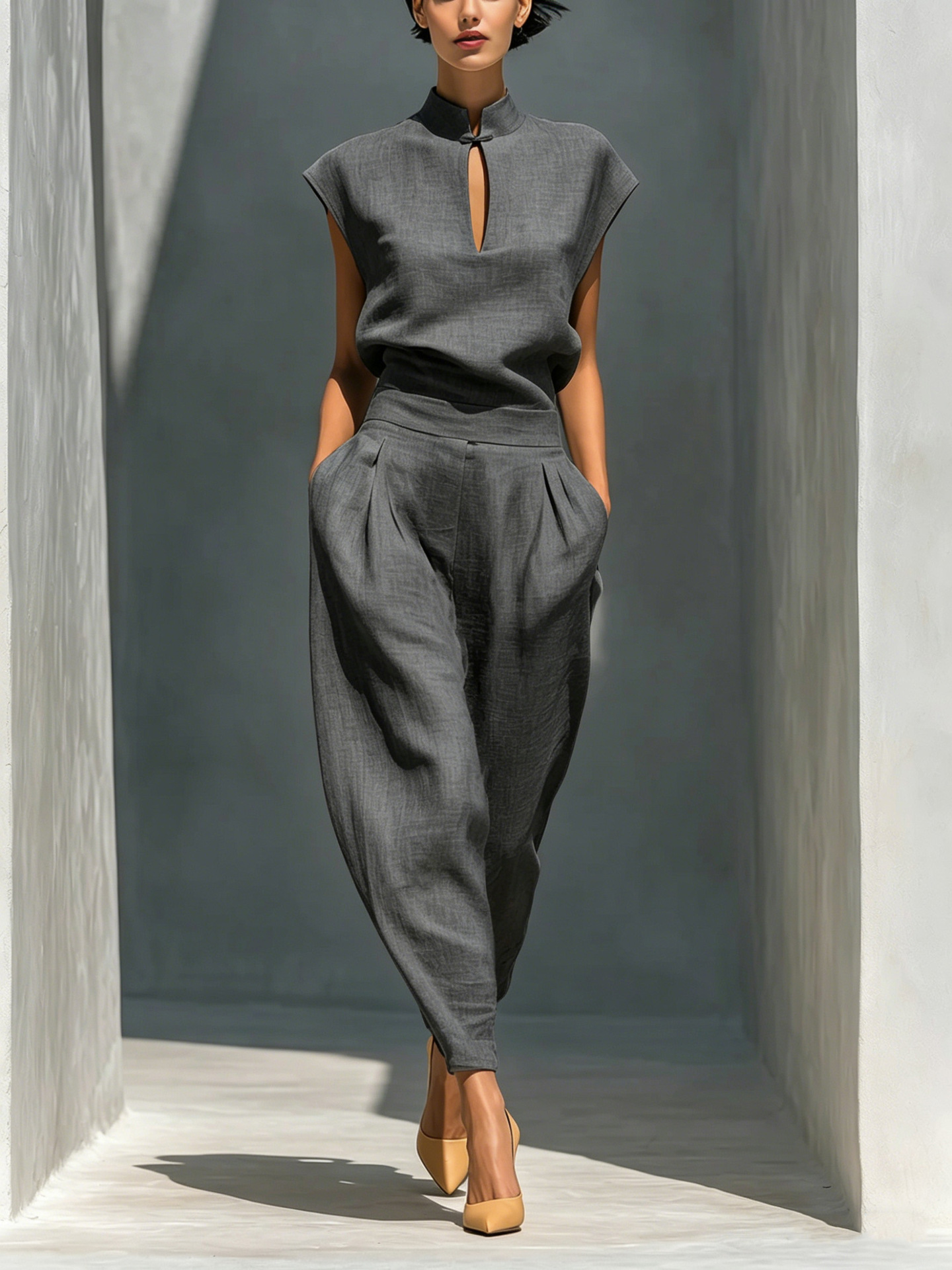 Elegant Women's Stand-Collar Cutout Top and High-Waist Barrel Pants Set